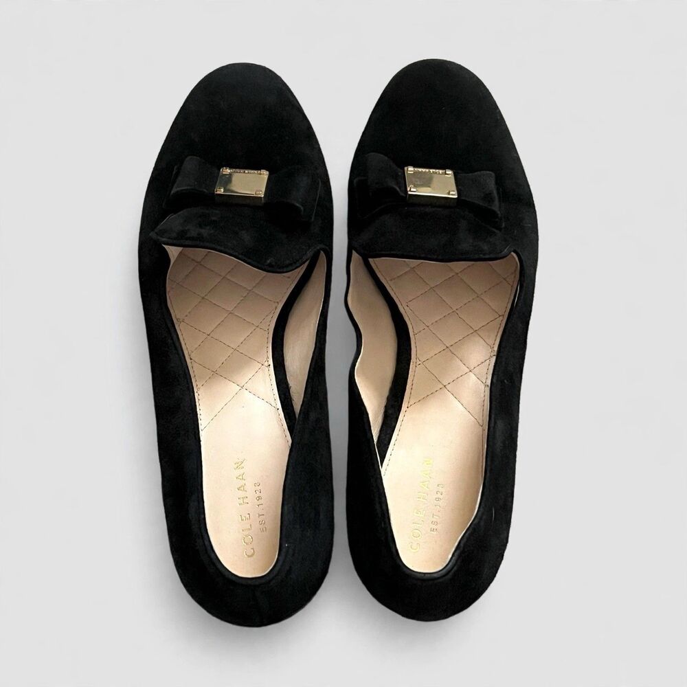 Cole Haan Tali Bow Black Suede Leather Flats Loafers Womens sz 9 Gold Hardware